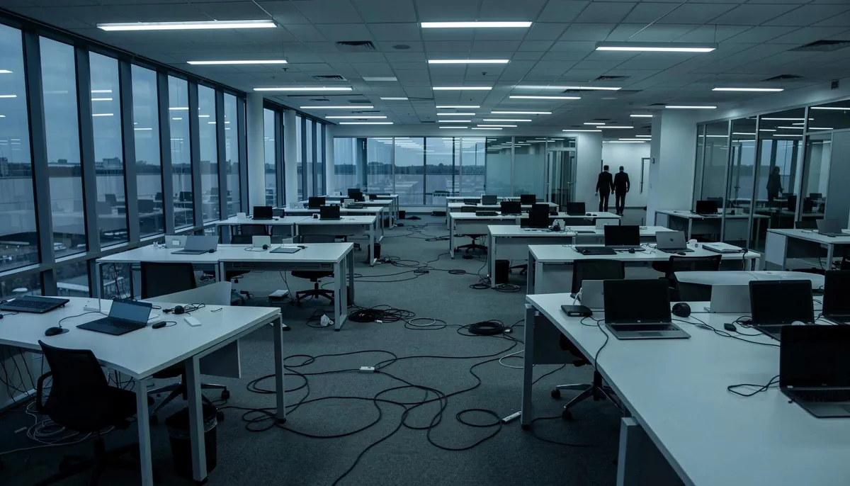 Empty office interior symbolizing Oracle layoffs 2026 impact on tech jobs, reflecting shifts in remote tech roles and cloud engineering.