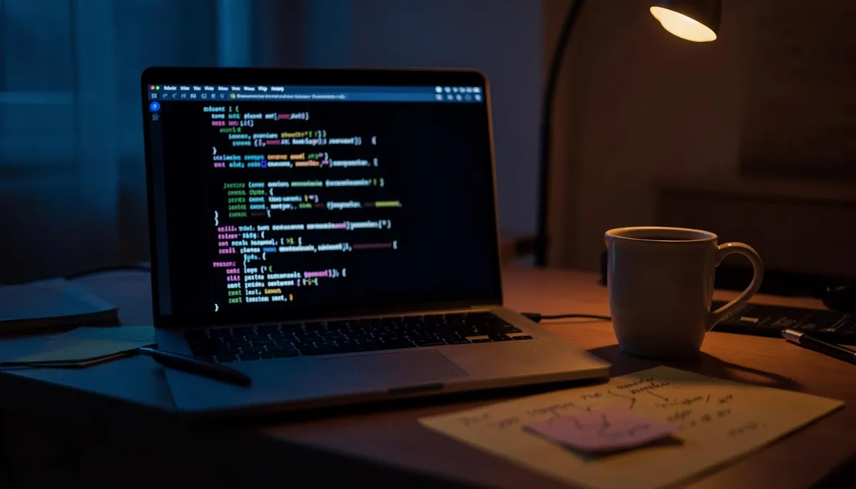 A developer's workspace at night, symbolizing passive income for coders through reusable code templates sold online.