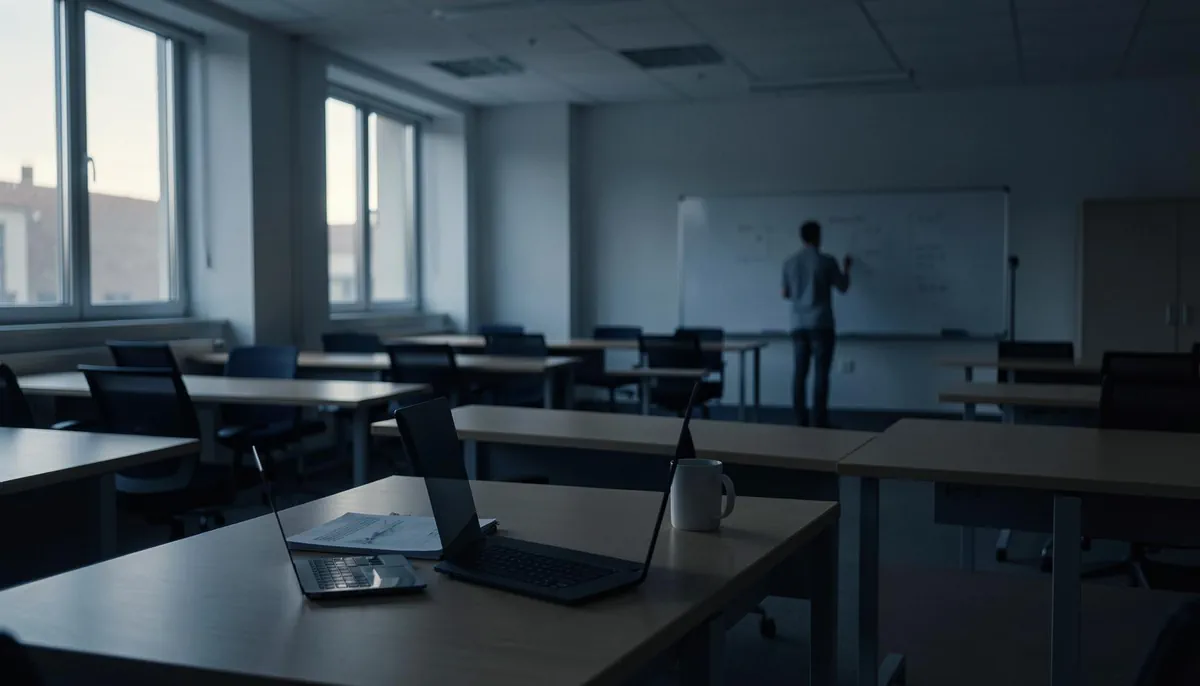 Empty office space illustrating the post-pandemic hiring slowdown, highlighting the absence of early-career tech workers in remote work environments.