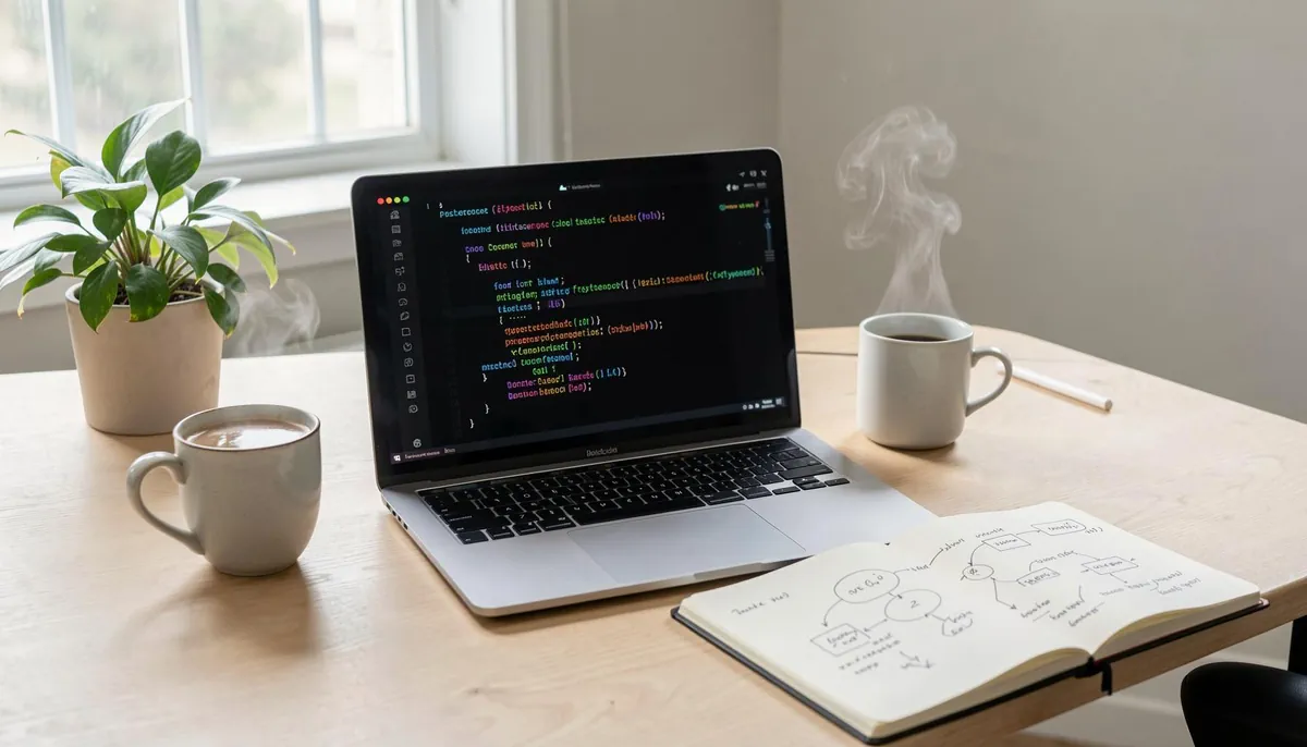 Home office setup with a laptop showing Python code, representing remote Python developer salary trends and programming careers.