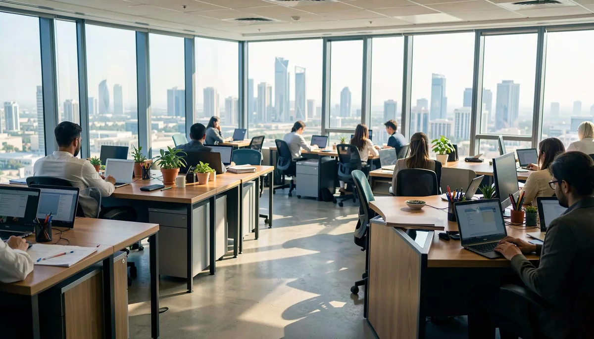 Office interior in Qatar with employees returning to workstations, reflecting the end of the 2026 remote work policy and shift back to in-person operations.