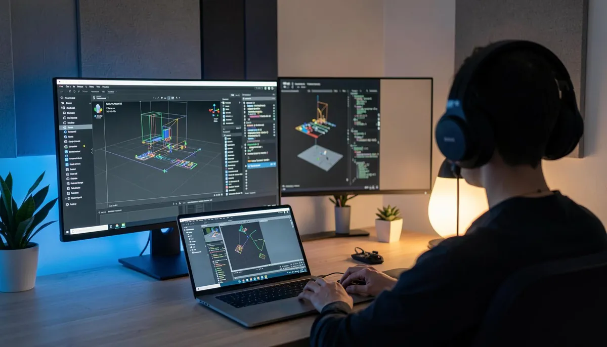 Home office workstation showing dual monitors with engineering simulations and code, representing remote AI agent development and automation workflows.