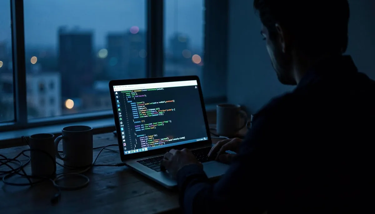Remote AI developer working at night on autonomous AI content creation, reflecting the growing trend in remote AI developer jobs.