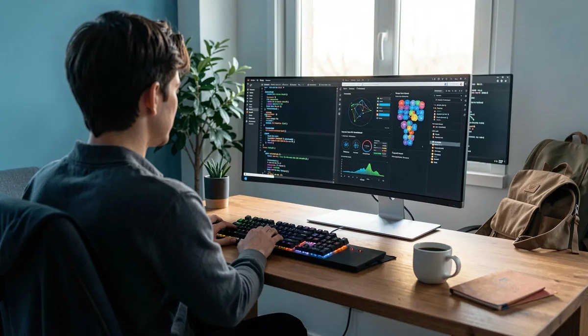Remote AI engineering workspace with dual monitors and coding environment, reflecting AI platform development for creative industries like Disney.