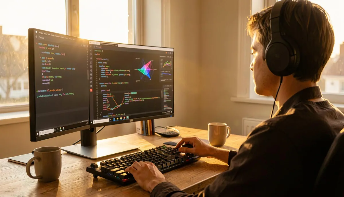 Home office with dual monitors displaying AI code and visualizations, representing remote AI engineering jobs and tech career growth in 2026.