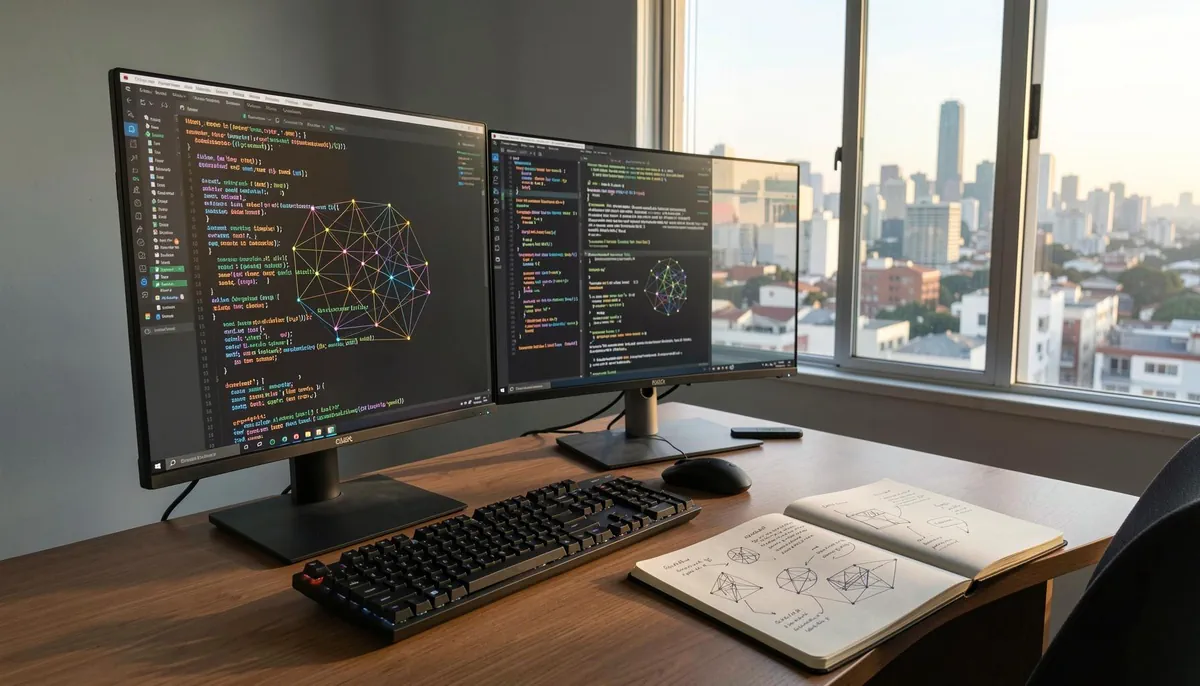 Home office setup in Buenos Aires with dual monitors and AI coding workspace, representing growing remote AI jobs in Argentina.