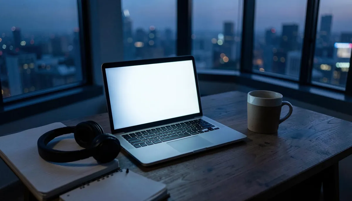 Overhead view of a quiet home office with a glowing laptop, symbolizing the challenges and opportunities in remote AI workforce development.