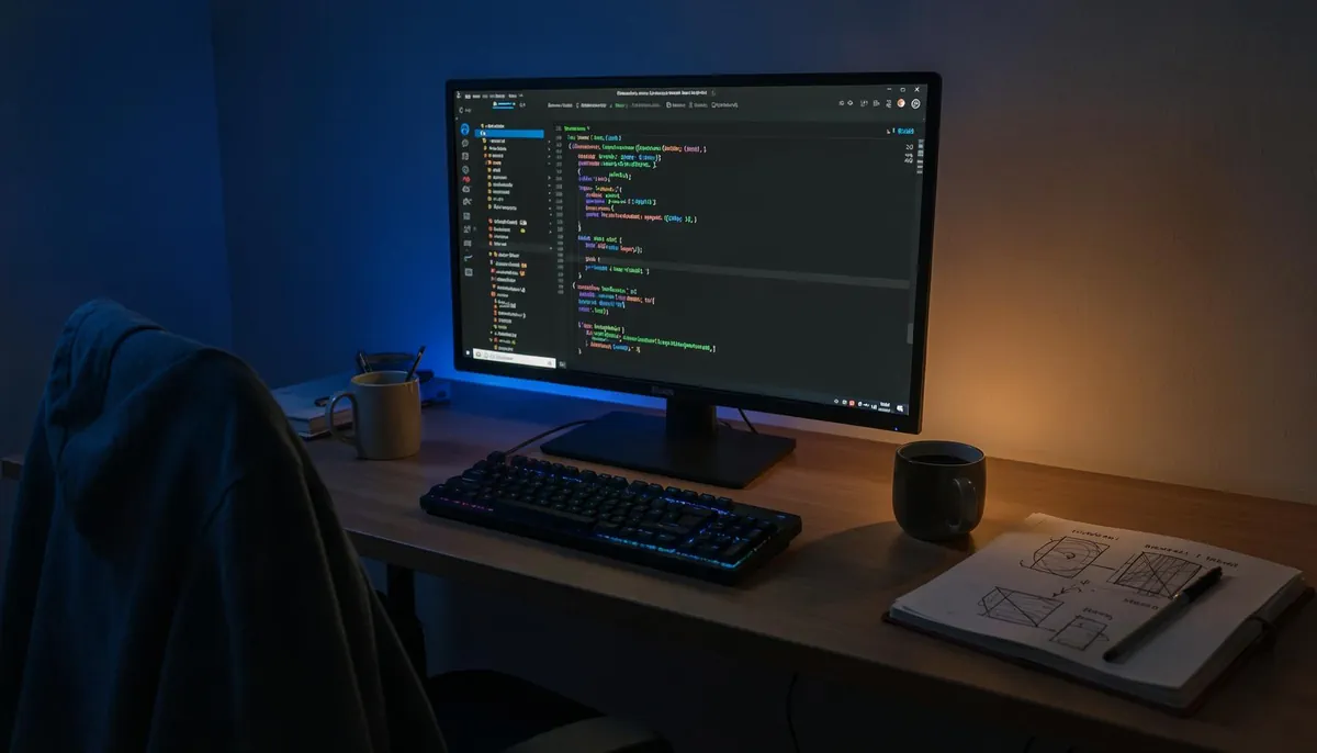 Home office setup for remote coding projects with a laptop, keyboard, and notebook under ambient lighting, ideal for indie hacking and AI pair programming.