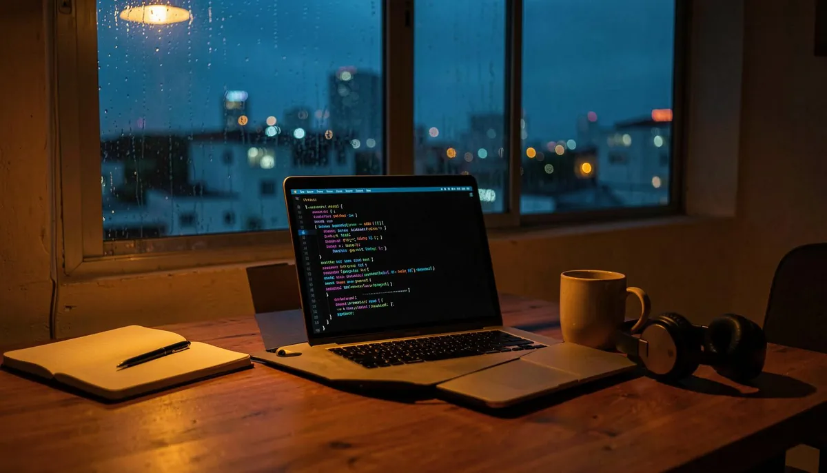 Home office setup with a laptop running code, symbolizing remote computer science jobs in Latin America's growing tech landscape.
