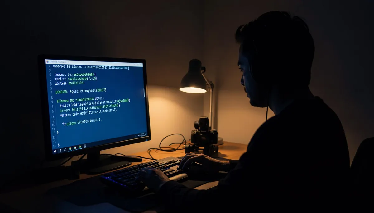 A cybersecurity professional works remotely, analyzing malware in a home office setup, highlighting opportunities in remote cybersecurity jobs.