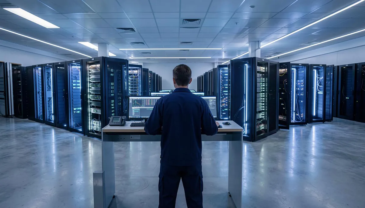 Remote data center jobs in action, showing a technician monitoring server infrastructure in a high-tech, AI-driven environment.