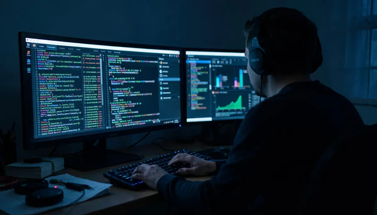 Engineer working late in a home office, facing remote DevOps challenges like information overload and system alerts.