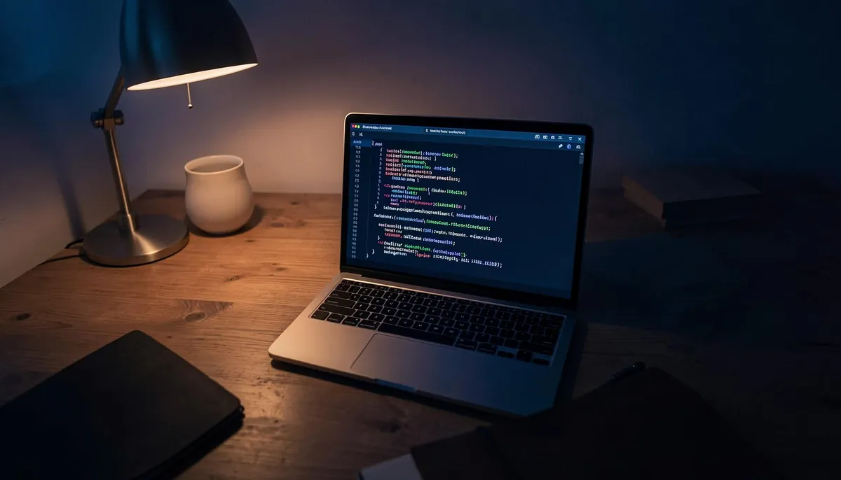 Laptop in a quiet remote workspace running deployment scripts, symbolizing reliable systems in remote DevOps jobs.