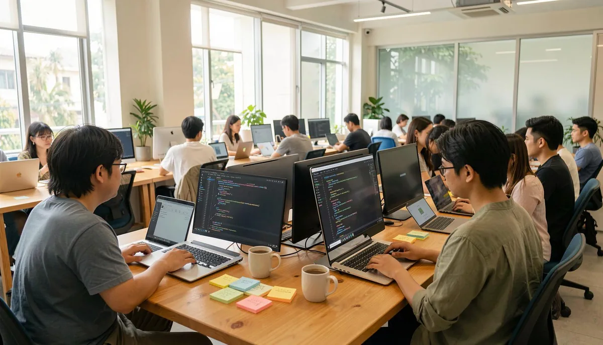 Remote developer collaboration in Asia depicted through a diverse team working together in a sunlit co-working space, emphasizing GenAI's role in modern tech env — remote developer collaboration Asia