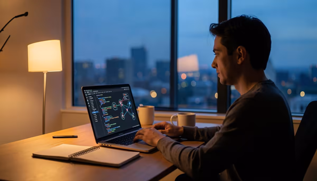 Senior tech professional working remotely at home, demonstrating resilience and focus in remote engineering leadership jobs after a career transition.