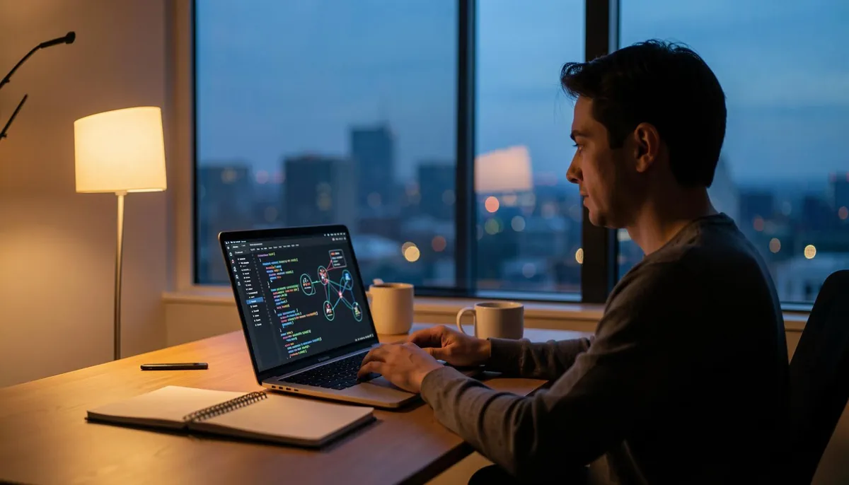 Senior tech professional working remotely at home, demonstrating resilience and focus in remote engineering leadership jobs after a career transition.