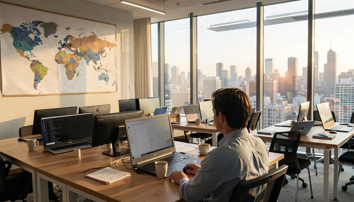Remote-first outsourcing in action, showing a global team collaborating across regions in a modern workspace, emphasizing flexible engineering talent and connectivity.