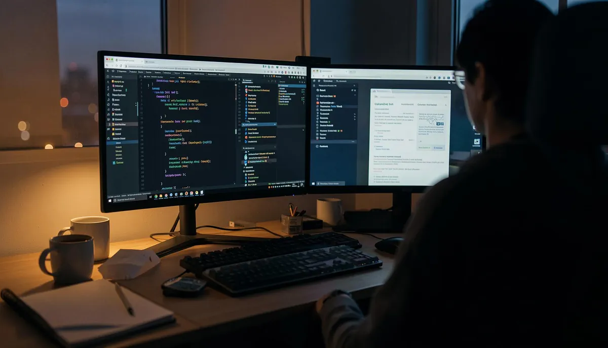 Home office setup with dual monitors displaying code, representing remote full stack jobs and essential developer skills for 2026.