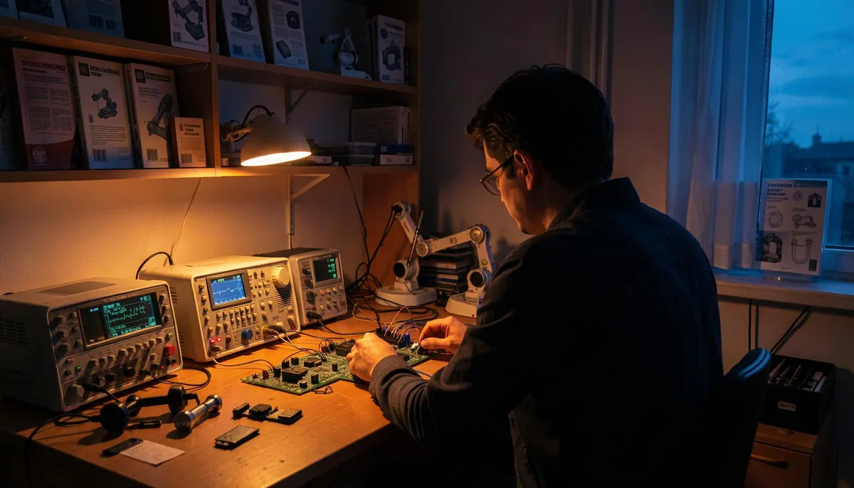 Home workspace in Eastern Europe with tools and electronics, illustrating the rise of remote hardware engineering jobs in deep tech fields.
