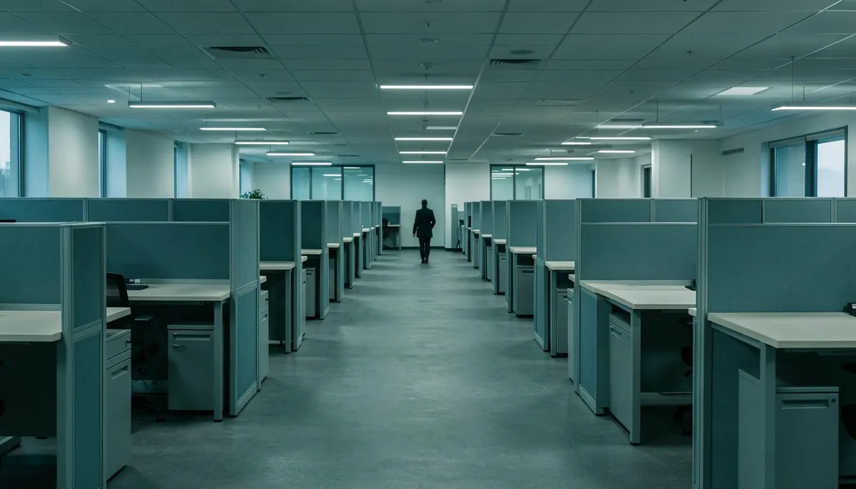 Empty office floor with rows of desks and a distant silhouette reflecting remote hiring trends in tech staffing demand.