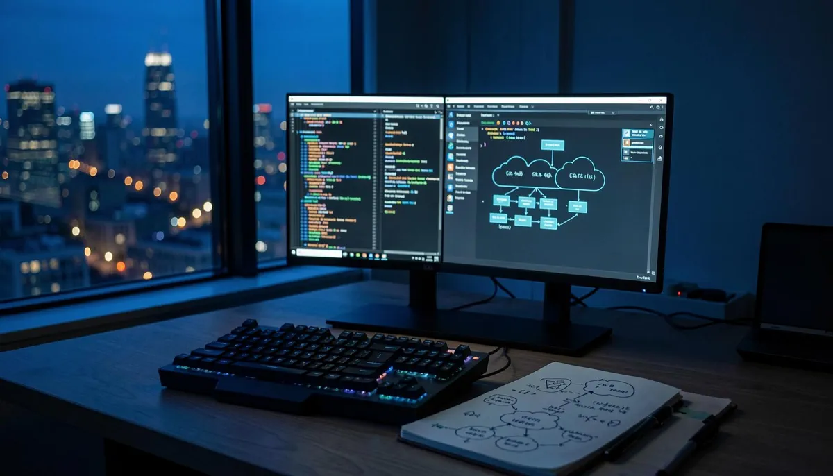 Home workspace with dual monitors showing cloud infrastructure code, symbolizing remote IaC roles and cloud automation careers.