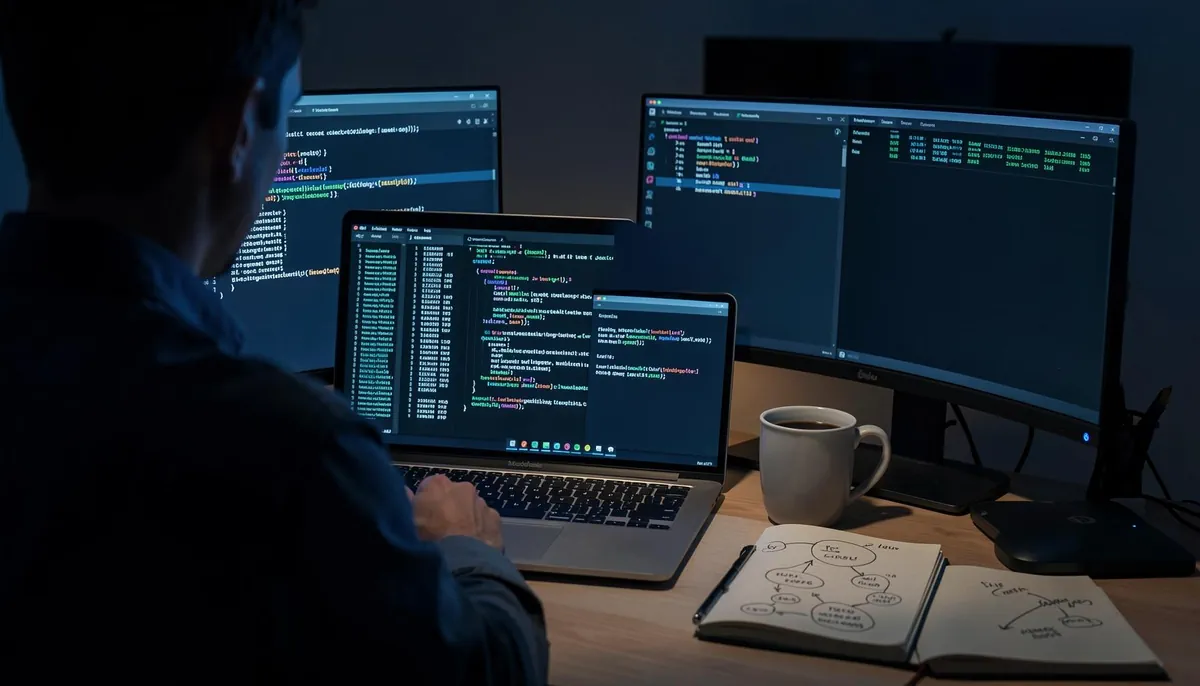 Home office setup with a laptop running server diagnostics, illustrating the growing demand for remote security engineer jobs amid NGINX vulnerability fixes.