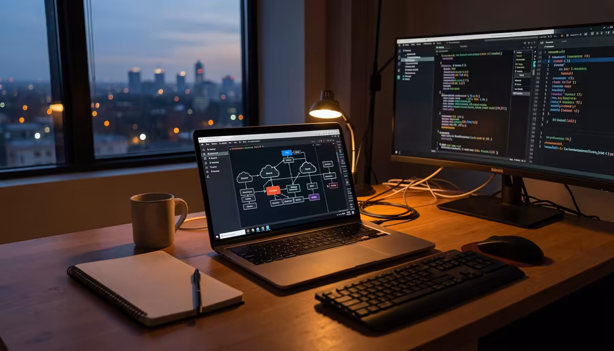 Home office setup with laptop running cloud monitoring tools, symbolizing remote SRE jobs in financial services cloud transformation.