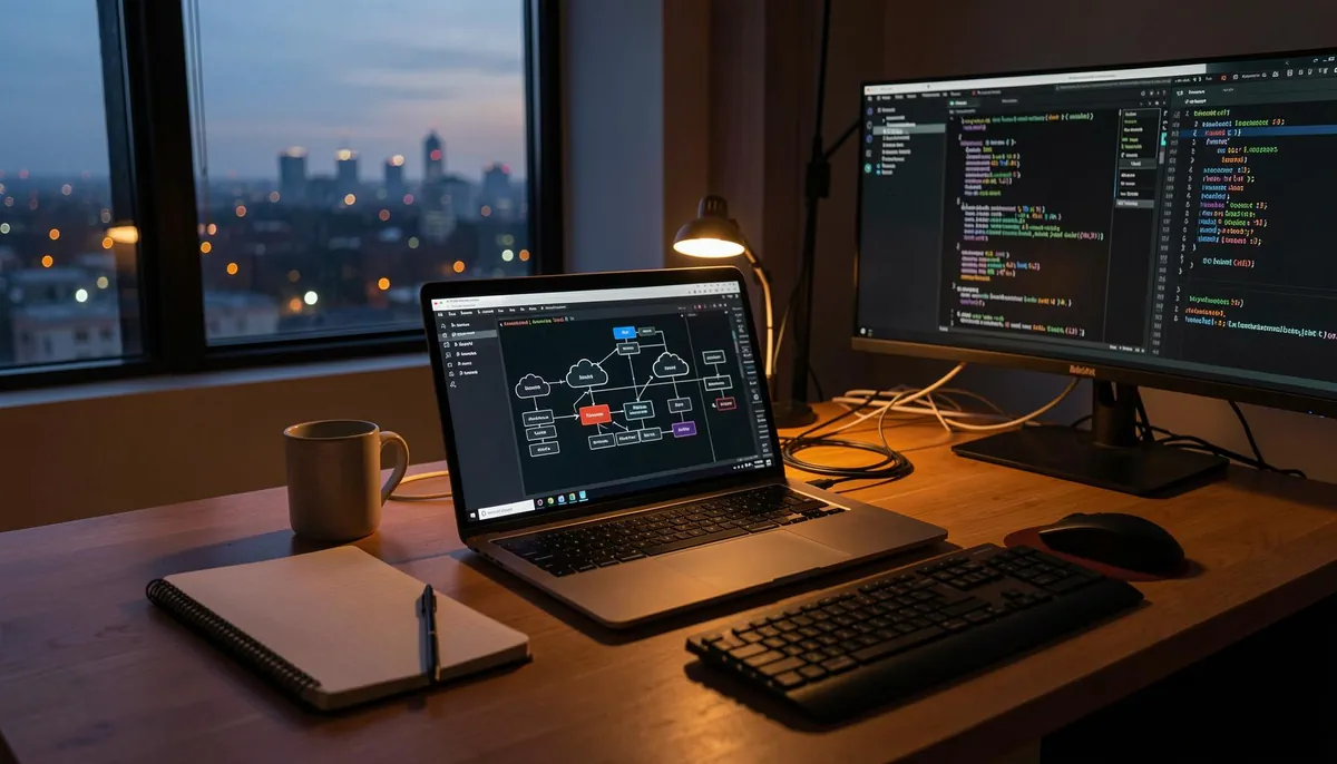 Home office setup with laptop running cloud monitoring tools, symbolizing remote SRE jobs in financial services cloud transformation.