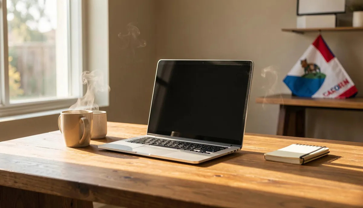 Home office with laptop and California state flag, representing remote state jobs in California for government professionals.