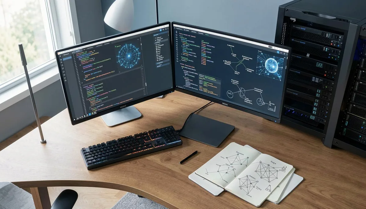 Home office setup with dual monitors, AI development tools, and server equipment, illustrating remote tech careers AI opportunities in 2026.