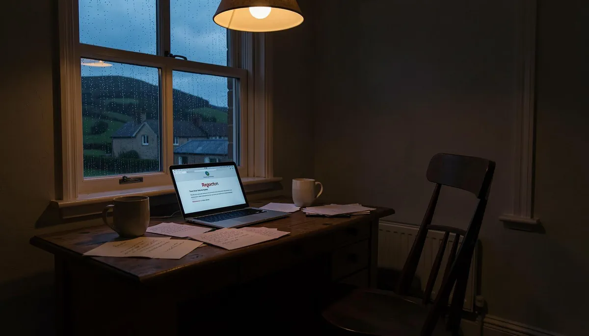 Home office setup in Ireland with a laptop showing a job rejection, symbolizing challenges for experienced professionals seeking remote tech careers.