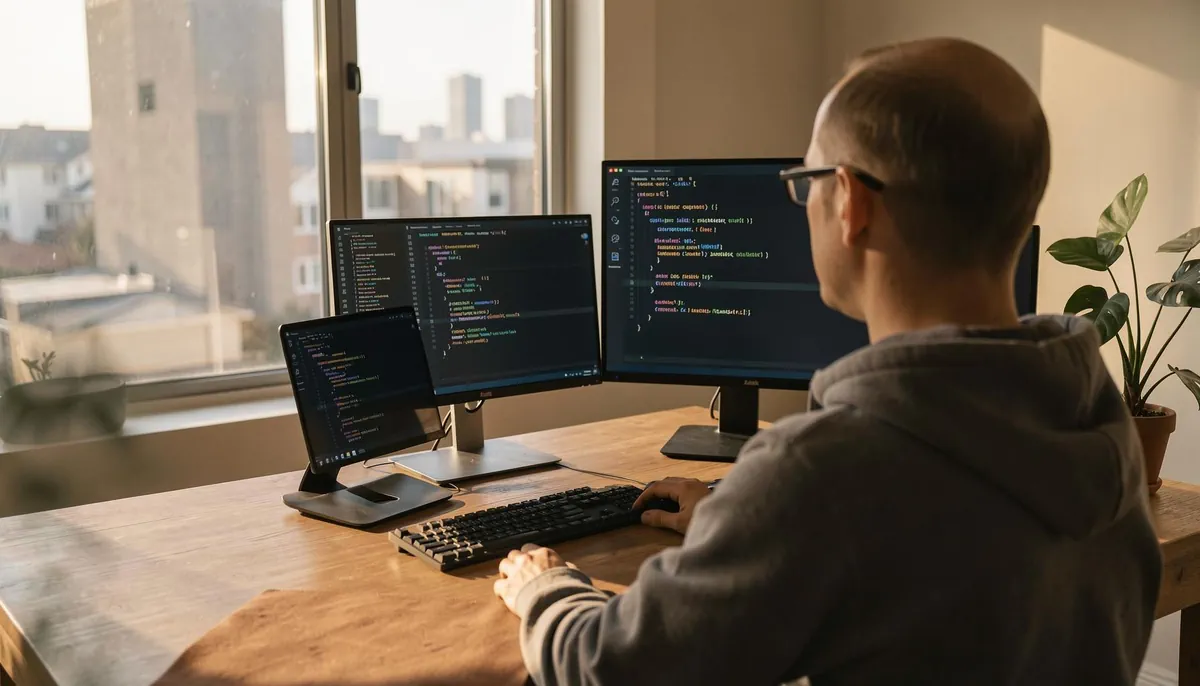 Home office scene showing a developer working remotely, illustrating evolving remote tech hiring trends in the public sector.