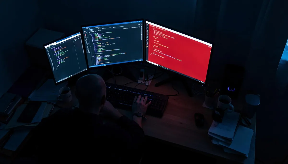 Remote developer working late at a dual-monitor desk setup, illustrating the strain of AI coding tools in remote tech jobs and rising burnout