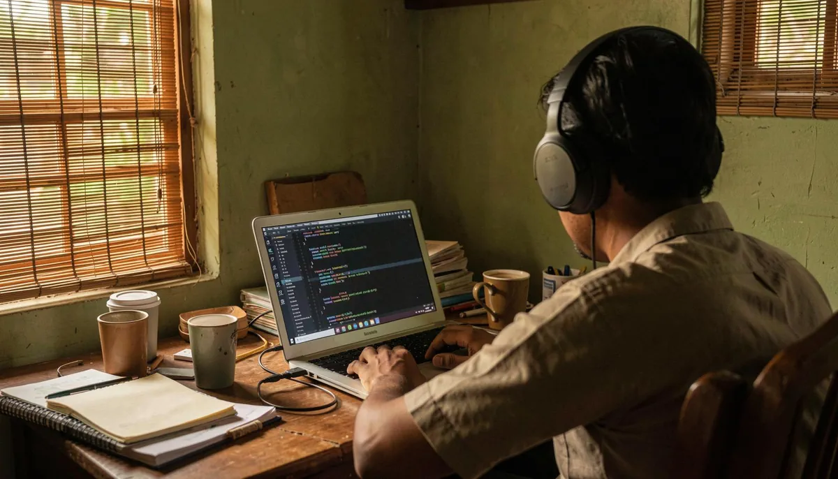 Home office setup in Kerala with a B Tech graduate working remotely on a laptop, symbolizing remote tech jobs for engineering graduates.