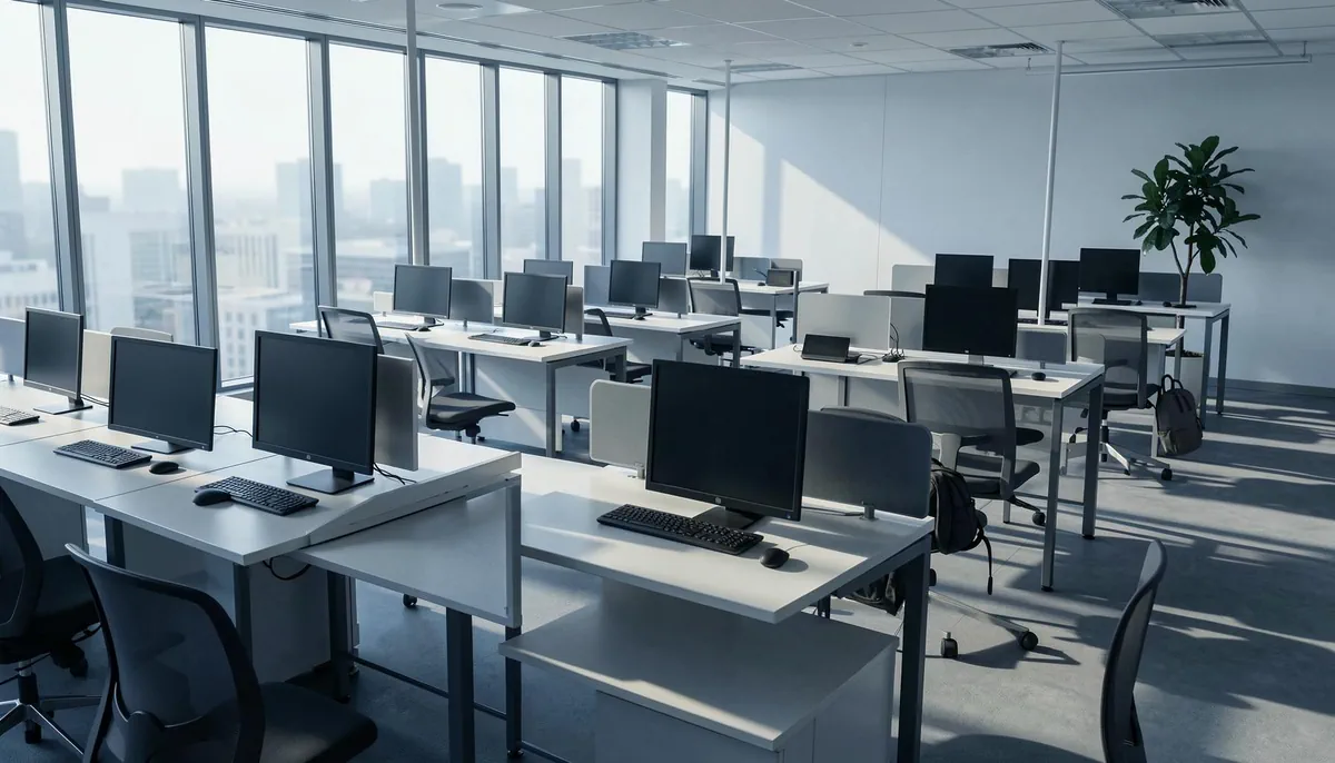 Empty office space reflecting the impact of remote tech layoffs 2026, with vacant desks symbolizing workforce reduction at tech companies like Meta.