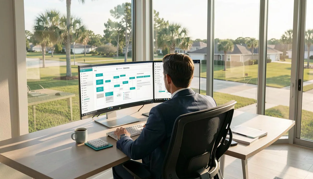 Home office setup symbolizing remote technology operations leadership, with dual monitors and strategic planning tools in use.