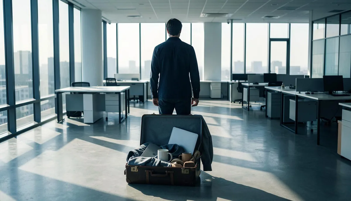 Tech employee protests forced office return by bringing home workspace suitcase to empty corporate lobby, highlighting remote work policy backlash 2026.