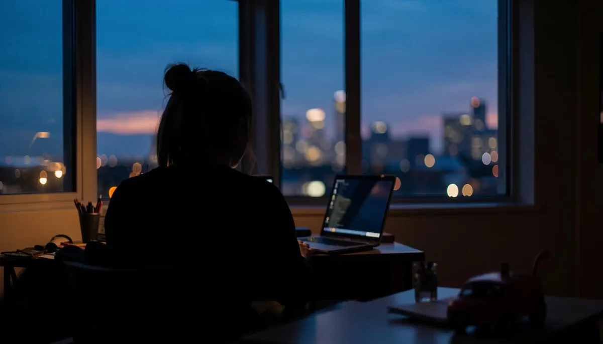 A woman works remotely from home at dusk, highlighting the remote work gender impact on working mothers in finance and tech careers.