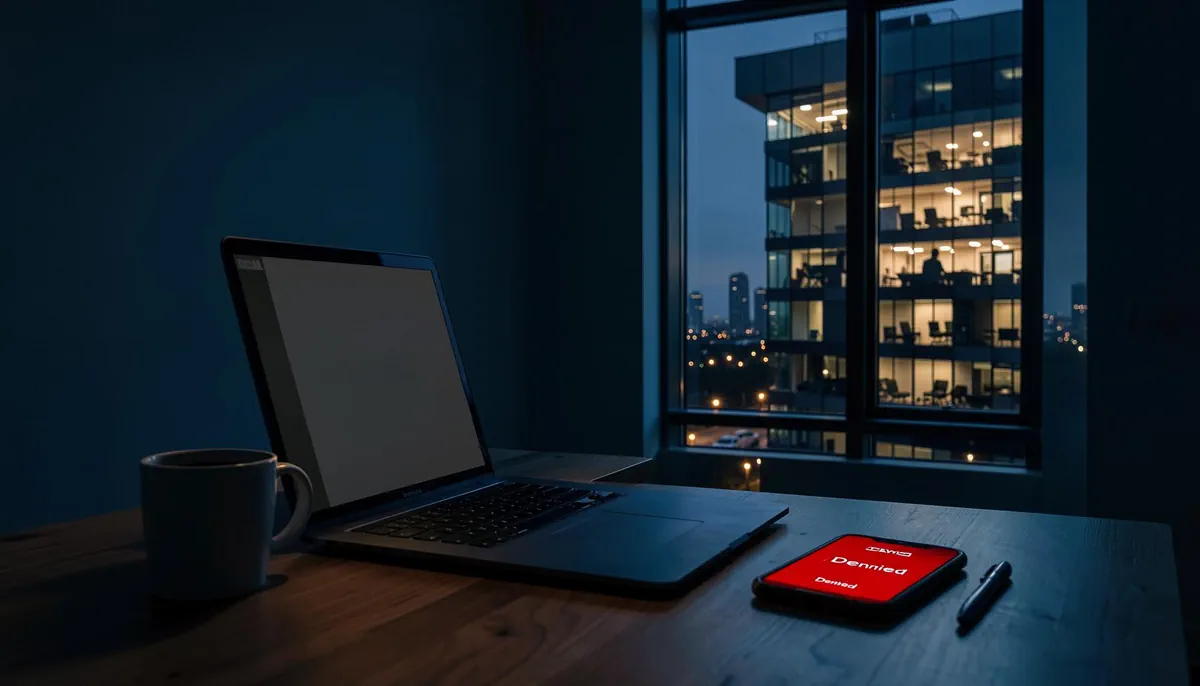 Home office setup with a denied remote work notification, contrasting with a distant office building where a manager works remotely, highlighting remote work policy double standards.