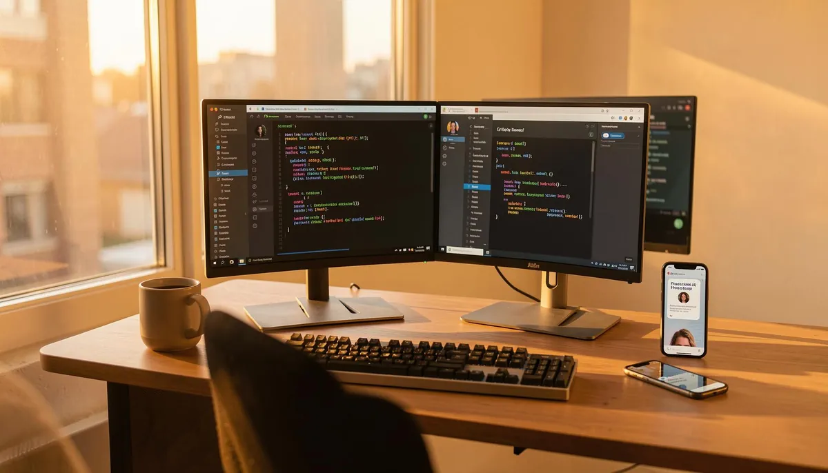 Home office setup with dual monitors displaying an AI coding platform, symbolizing the rise of remote AI developer careers in 2026.