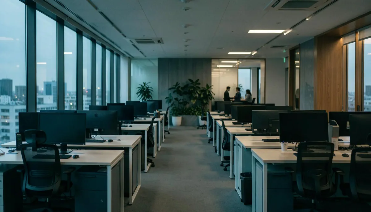 Empty office desks in a Tokyo hybrid workplace showing return to office hybrid trend with soft morning light