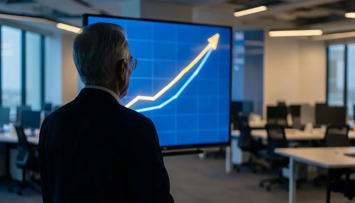 Senior tech professional viewing an upward-trending AI skills salary chart on a large screen in a modern office