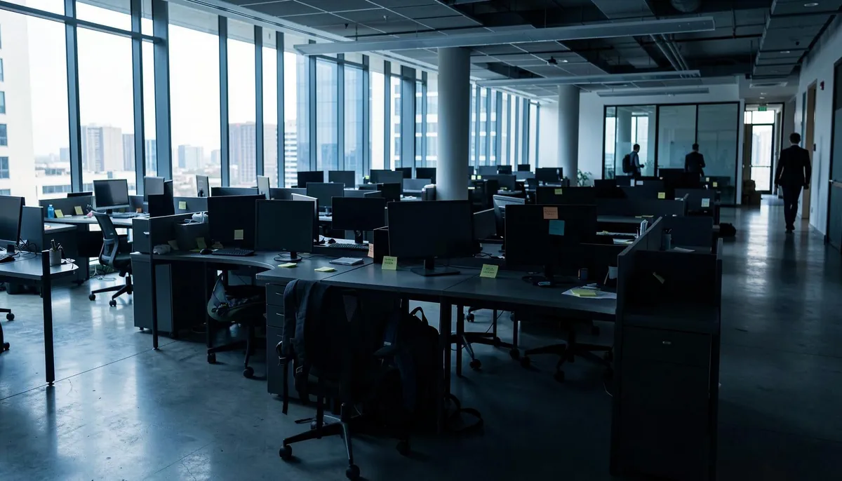 Empty office after tech layoffs 2026, symbolizing workforce changes at companies like Shopee and the shift toward AI-driven roles