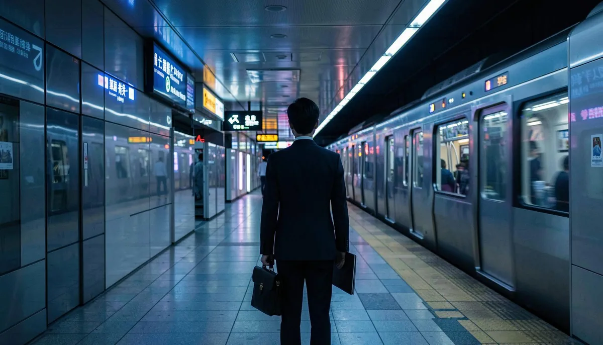 Back view of a professional near a Tokyo subway platform at night, symbolizing a software engineer's journey into international tech careers in Japan.