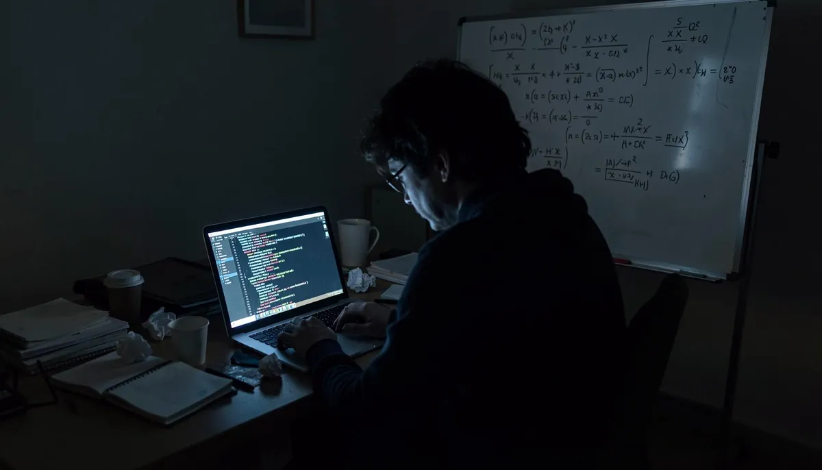 A developer studies algorithms late at night, highlighting the stress and inefficiency of current software engineering interviews.