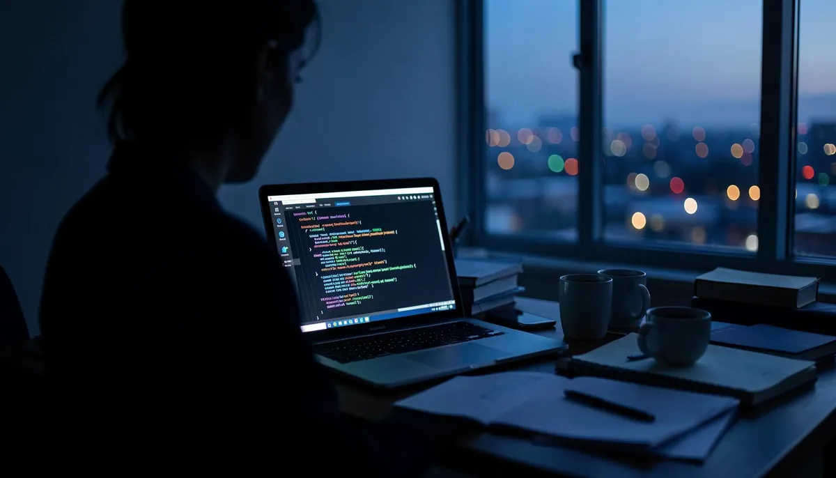 Silhouetted developer in a home office reviewing AI-generated code on a laptop, symbolizing the future of software engineering and AI-driven coding jobs in 2026.