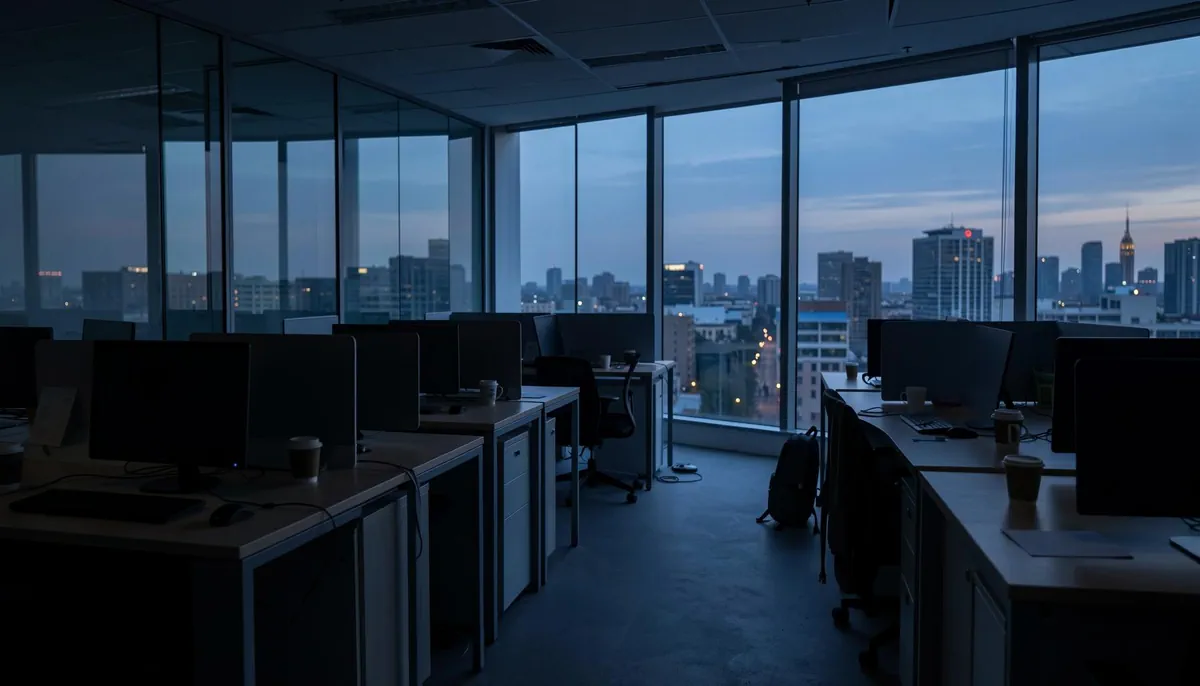 Empty startup office after a developer's last-minute offer rejection, illustrating hiring pipeline disruption and candidate commitment issues