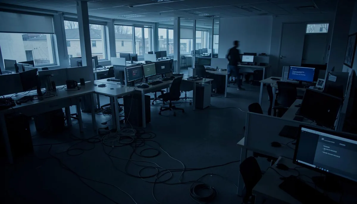 Empty office space reflecting the impact of UK tech layoffs 2026 and shifting tech career stability in the remote work era.