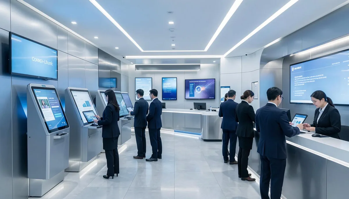 Bank employees assist customers in a tech-upgraded branch, reflecting the tech-driven sales role transition in Indian banking.