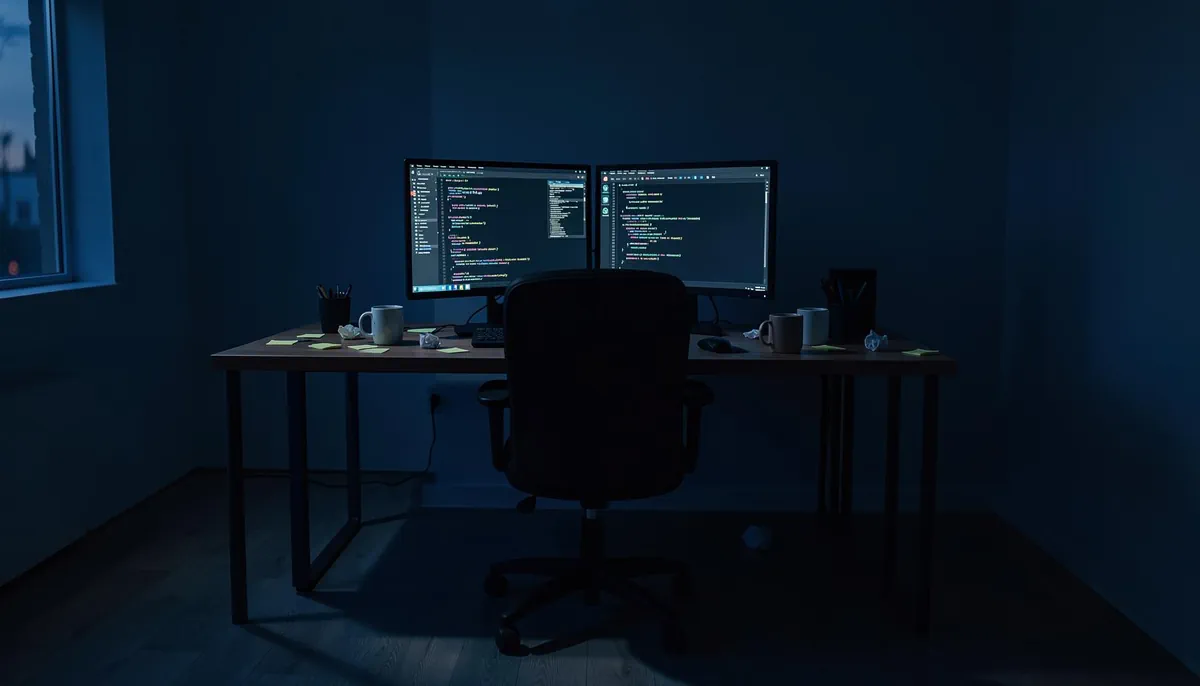 Empty home office with glowing monitors and cluttered desk, illustrating developer burnout and the tech hiring crisis in remote work environments.